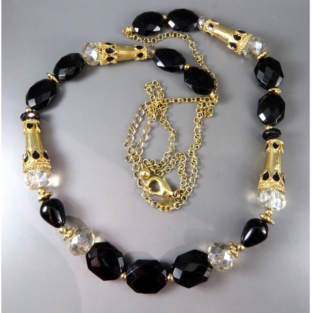 CHICO'S Beaded Necklace GOLD CHAIN w/BLACK & CLEAR BEADS Enamel Fancy Caps 40"
